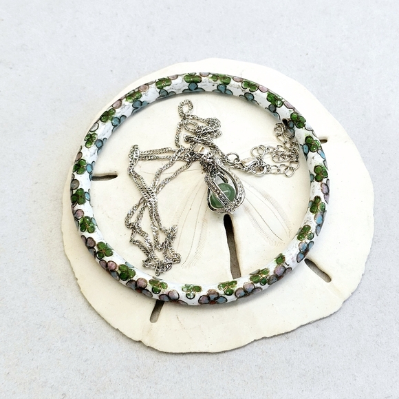 SET! Green Jade 925 Sterling Silver Cage Necklace with Cloisonne Bracelet SET! - Picture 6 of 15
